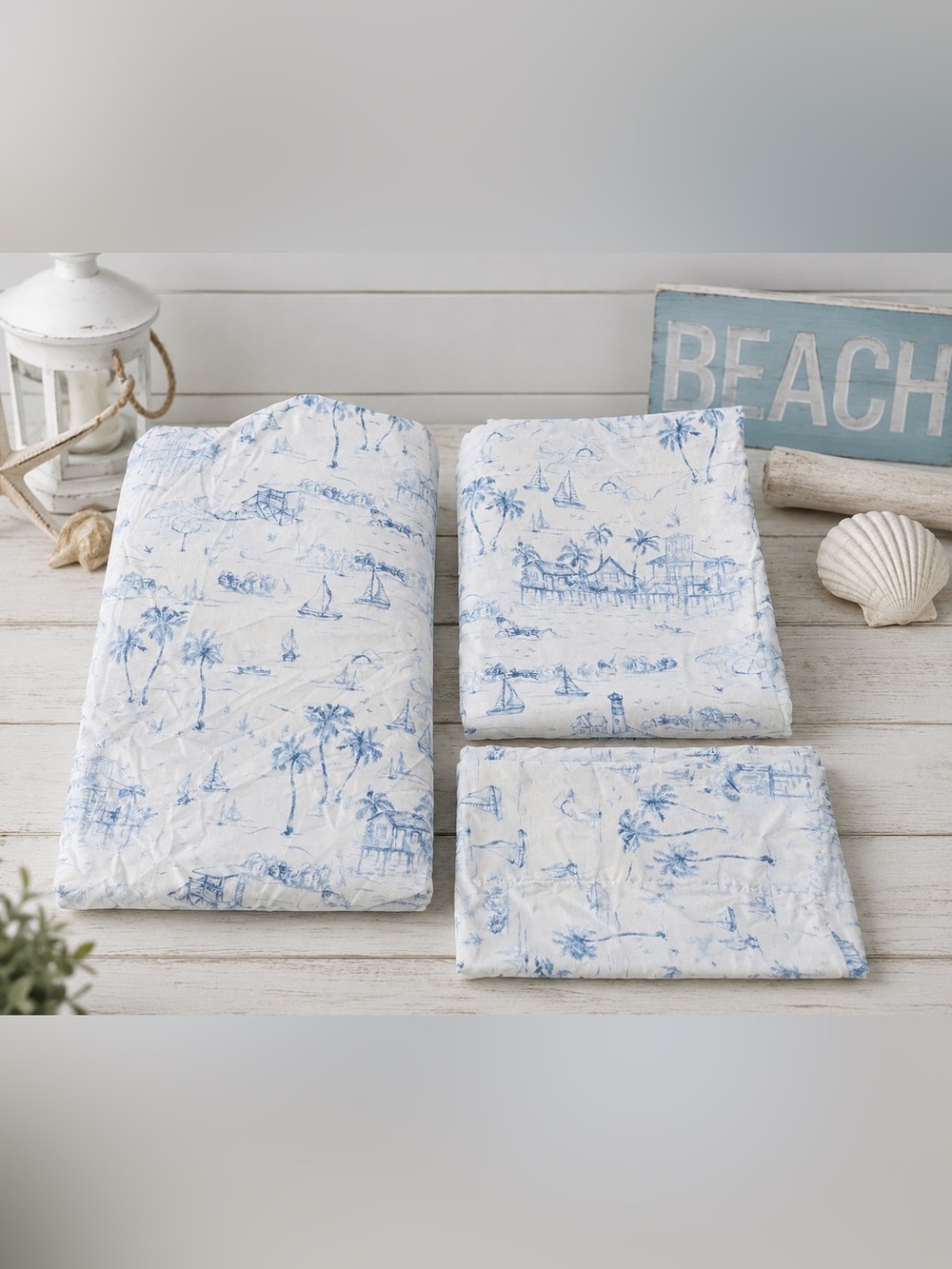 Coastal Twin Sheet Set Blue Beach Toile Palm /trees Sailboats 3 Pc Polyester